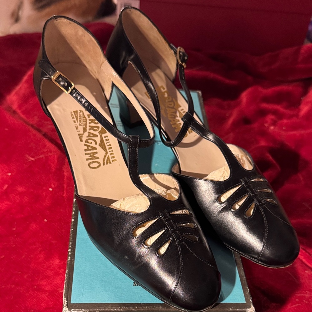 Salvatore Ferragamo Black T-Strap 2 inch heels